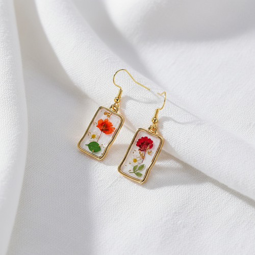 Assorted Botanical Print Geometric Rectangle Drop Earrings, Floral Dangles, Nature Inspired Gift for Her