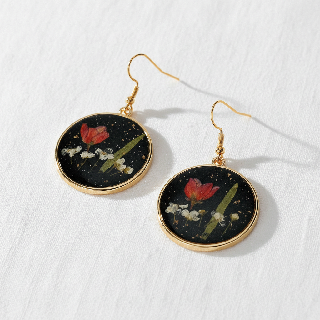 Black Round Preserved Dried Flower Drop Earrings, Botanical Earrings, Floral Jewelry, Gift for Her