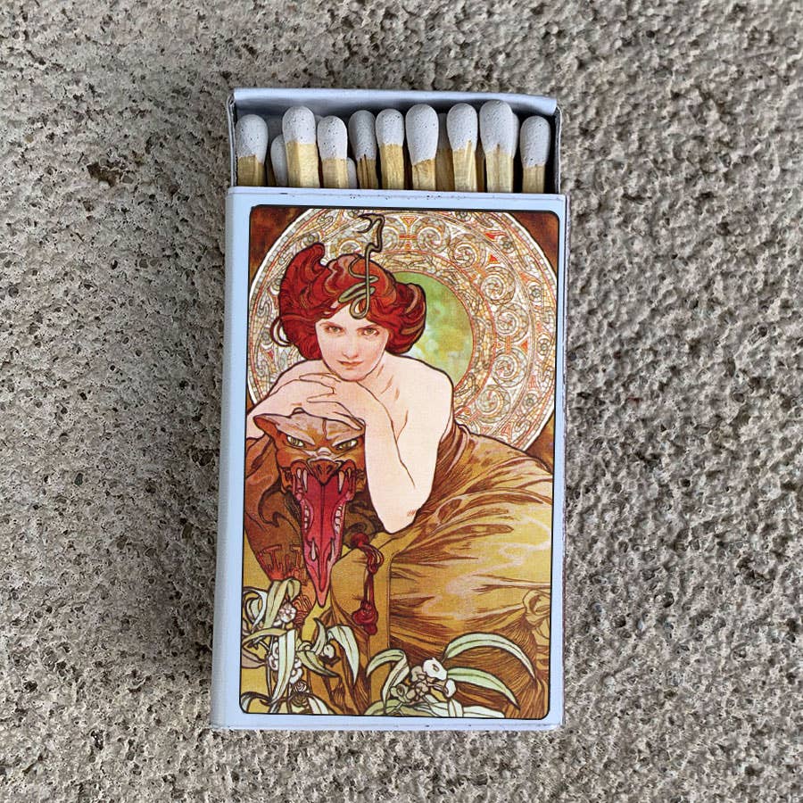 Mucha Emerald Matchbox | Alphonse Mucha Art Matches | Decorative Matches for Candles & Incense | Art Nouveau Home Decor Gift