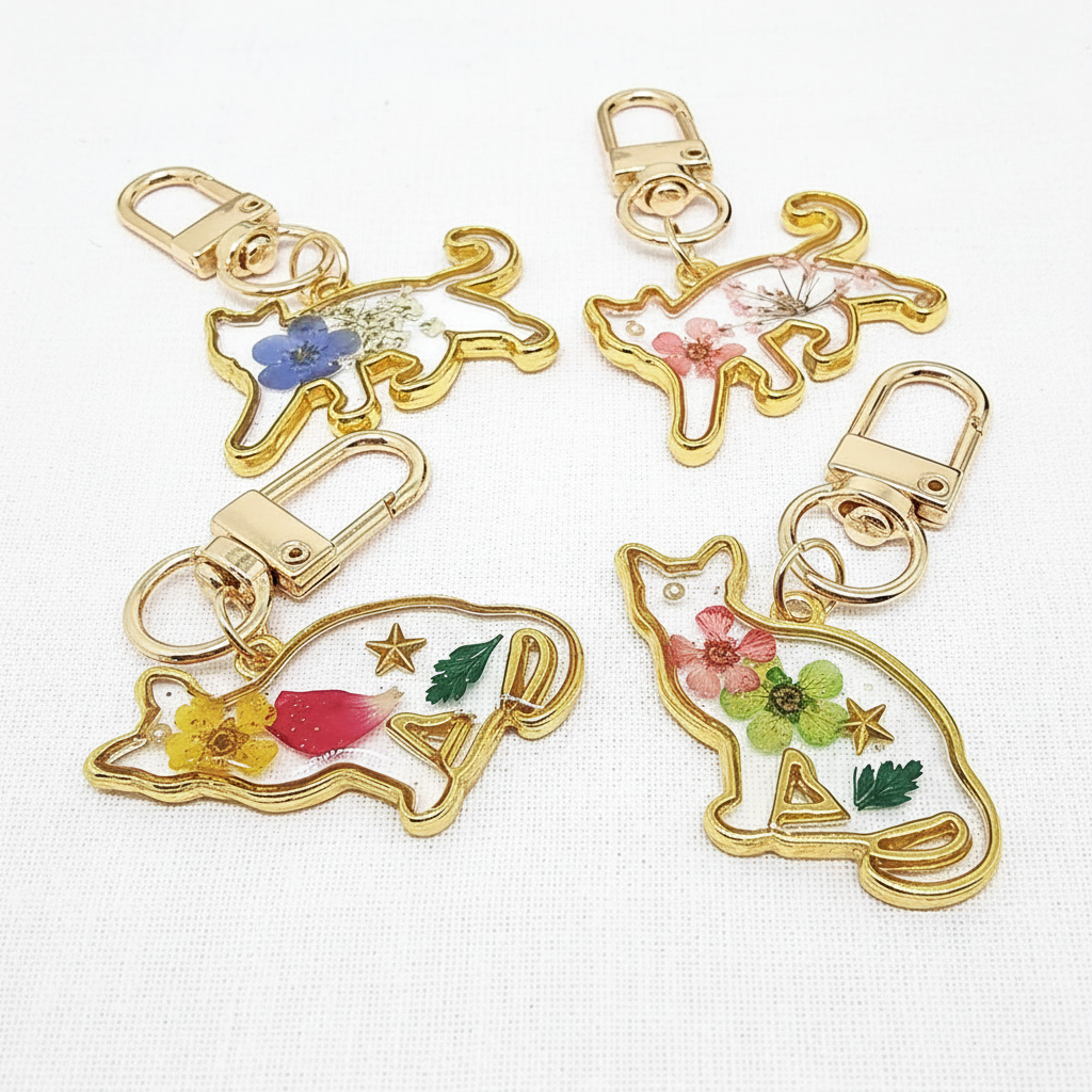 Cat Shaped Botanical Keychain, Preserved Floral Resin Charm, Nature Inspired Gift for Cat Lovers