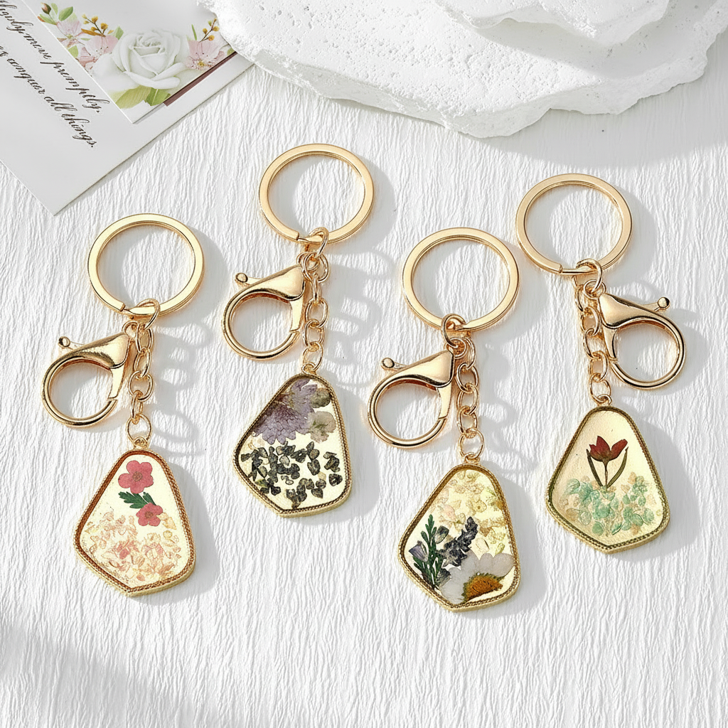 Preserved Flower and Stone Keychain Charm, Geometric Botanical Resin Accessory, Nature Inspired Gift