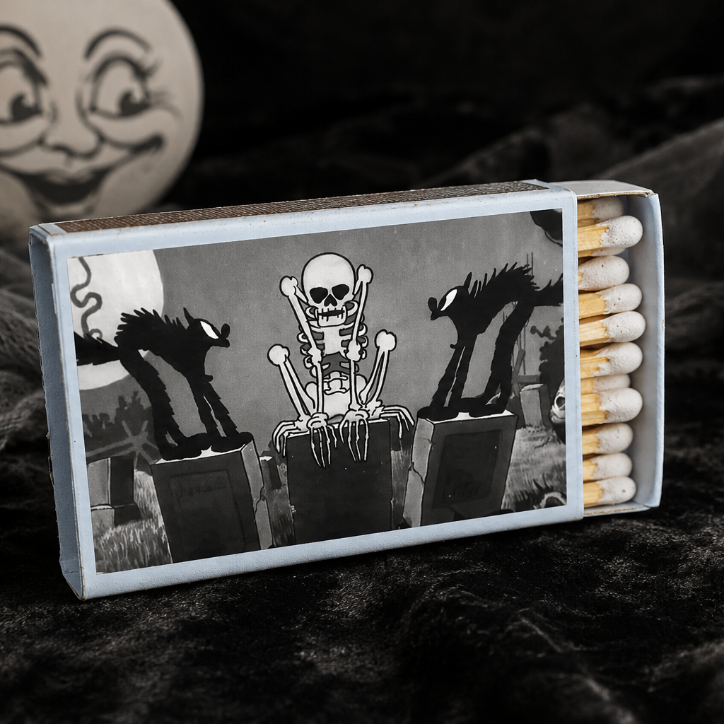 Skeleton Dance Cats Matchbox – Vintage Cartoon Matches, Spooky Cat Halloween Décor