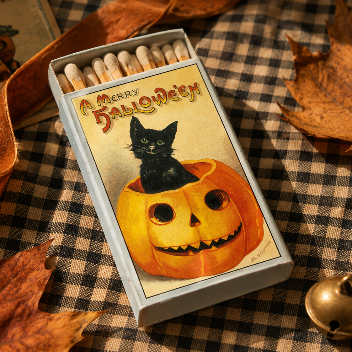 Vintage Halloween Black Cat Matchbook, Pumpkin Design, Spooky Decor Accessory