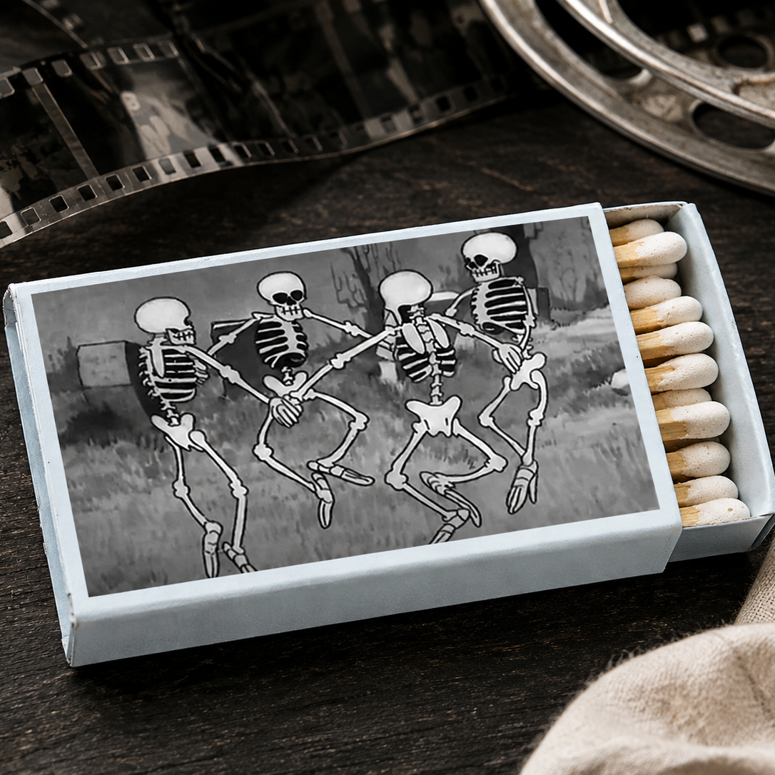 Skeleton Dance Matchbox – Vintage Cartoon Matches, Spooky Halloween Décor, Gothic Gift