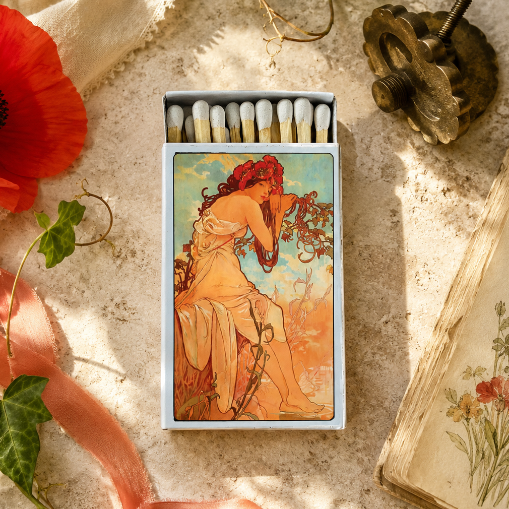Art Nouveau Matchbook, Mucha Summer Artwork, Vintage Art Collectible, Candle & Incense Accessory