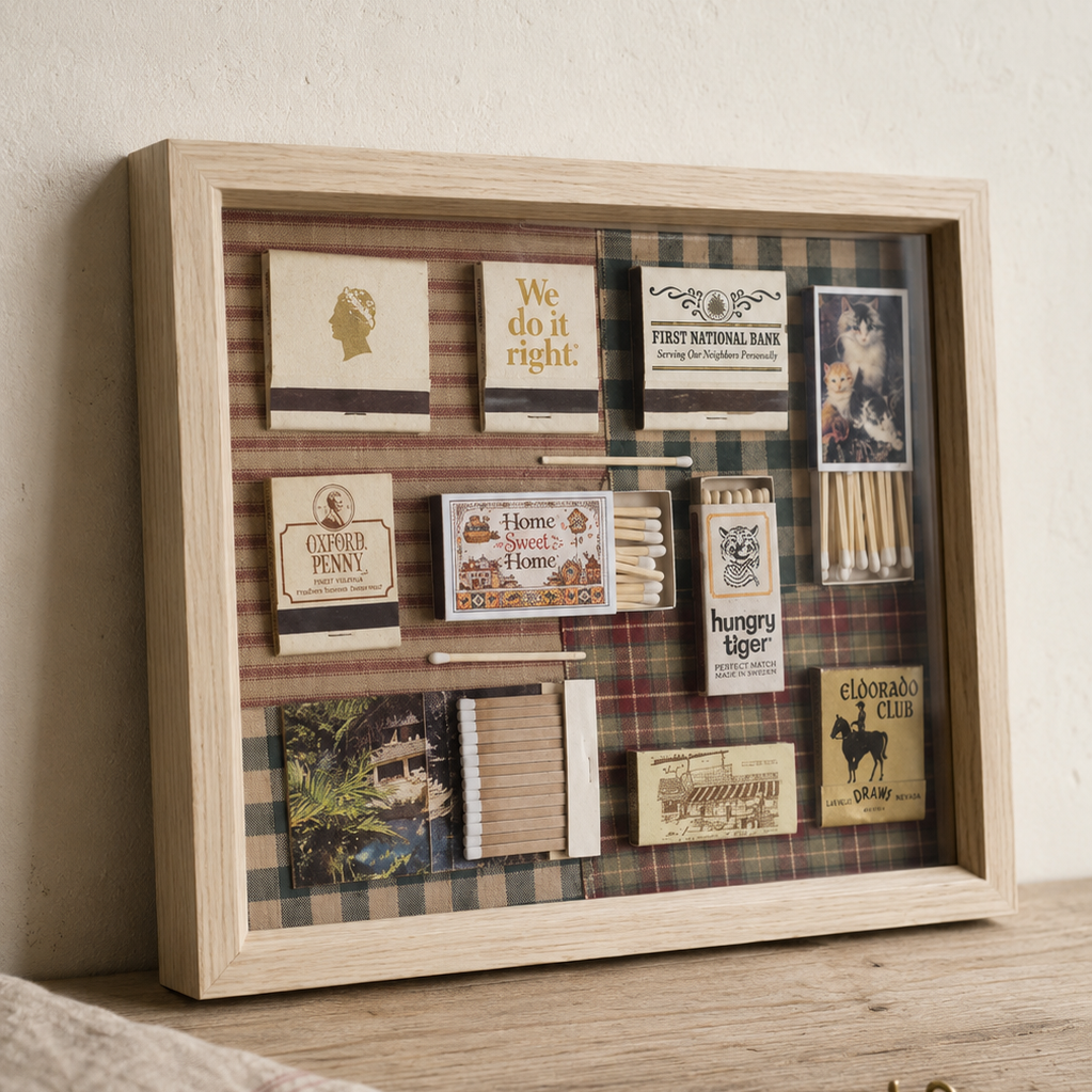 Vintage Plaid One of a Kind Matchbook Home Decor with Light Wood Frame