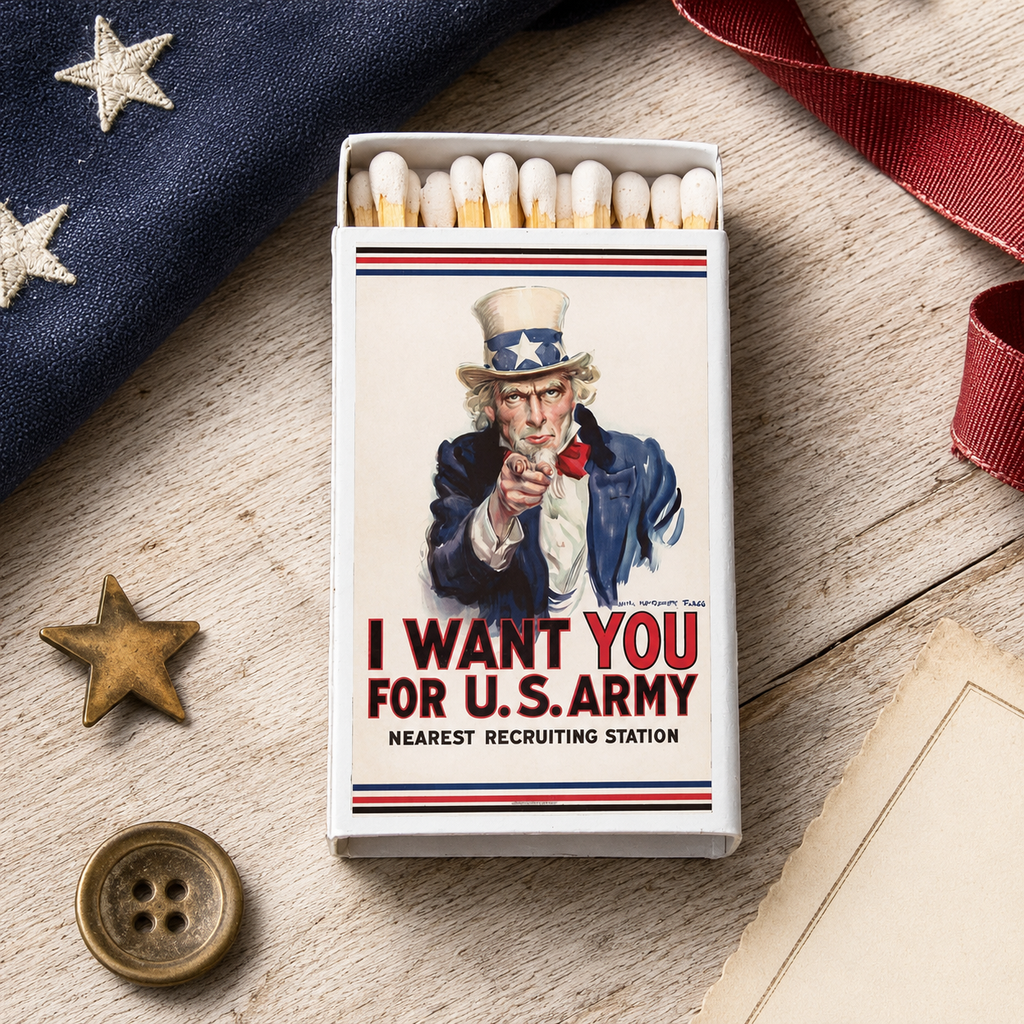 Uncle Sam Matchbox – “I Want You” Vintage Poster Matches, Patriotic Americana Gift
