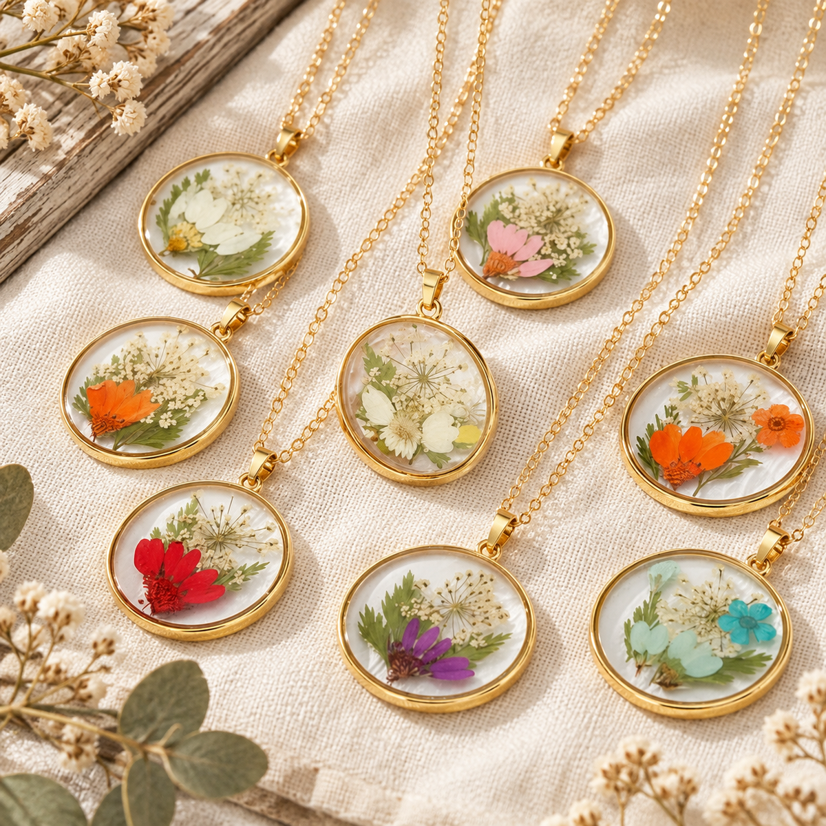 Real Dried Flower Disc Necklace, Botanical Resin Pendant Jewelry, Nature Inspired Gift for Her