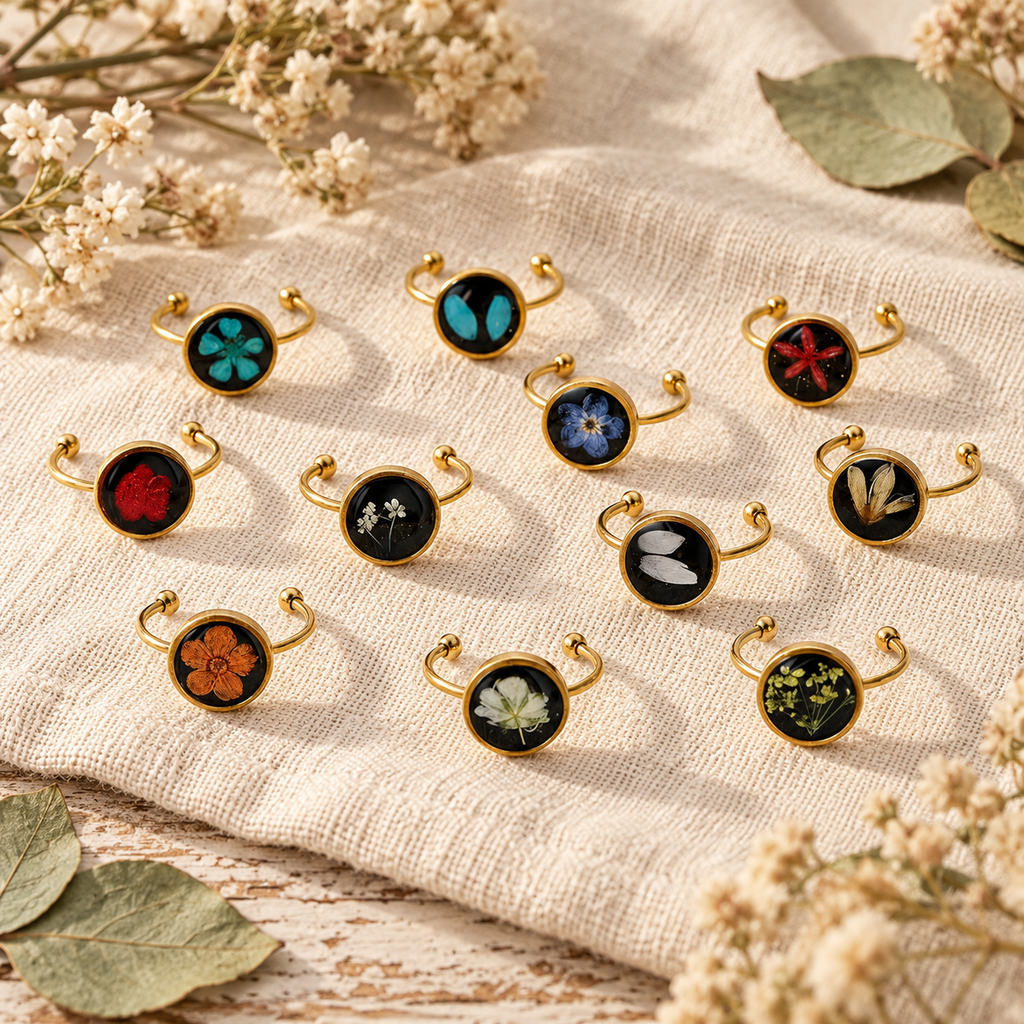 Black Dried Flower Adjustable Ring, Geometric Botanical Resin Jewelry, Nature Inspired Gift for Her