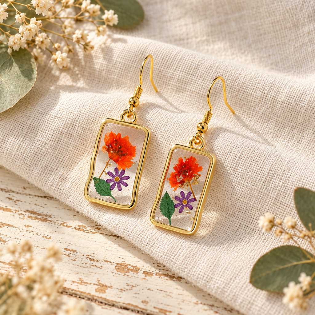 Assorted Botanical Print Geometric Rectangle Drop Earrings, Floral Dangles, Nature Inspired Gift for Her