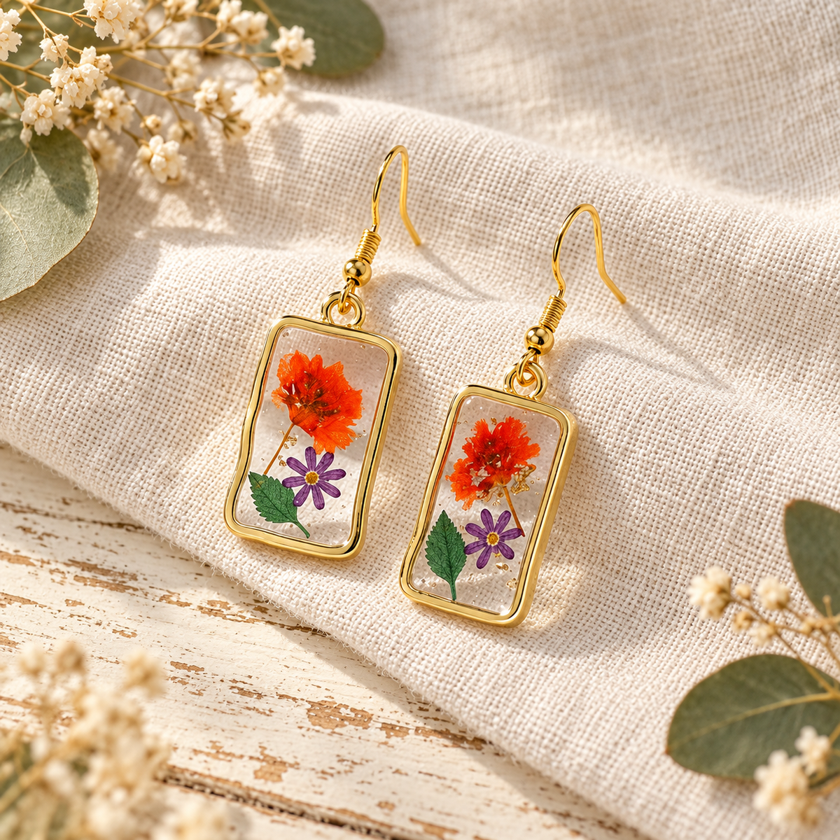 Assorted Botanical Print Geometric Rectangle Drop Earrings, Floral Dangles, Nature Inspired Gift for Her