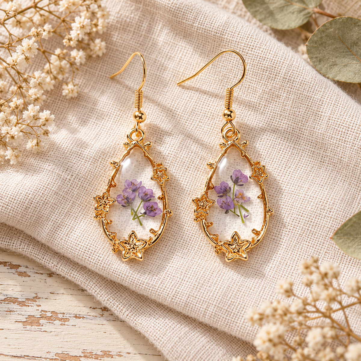 Colorful Dried Flower Drop Earrings, Botanical Resin Earrings, Floral Nature Jewelry