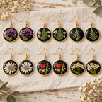 Black Round Preserved Dried Flower Drop Earrings, Botanical Earrings, Floral Jewelry, Gift for Her