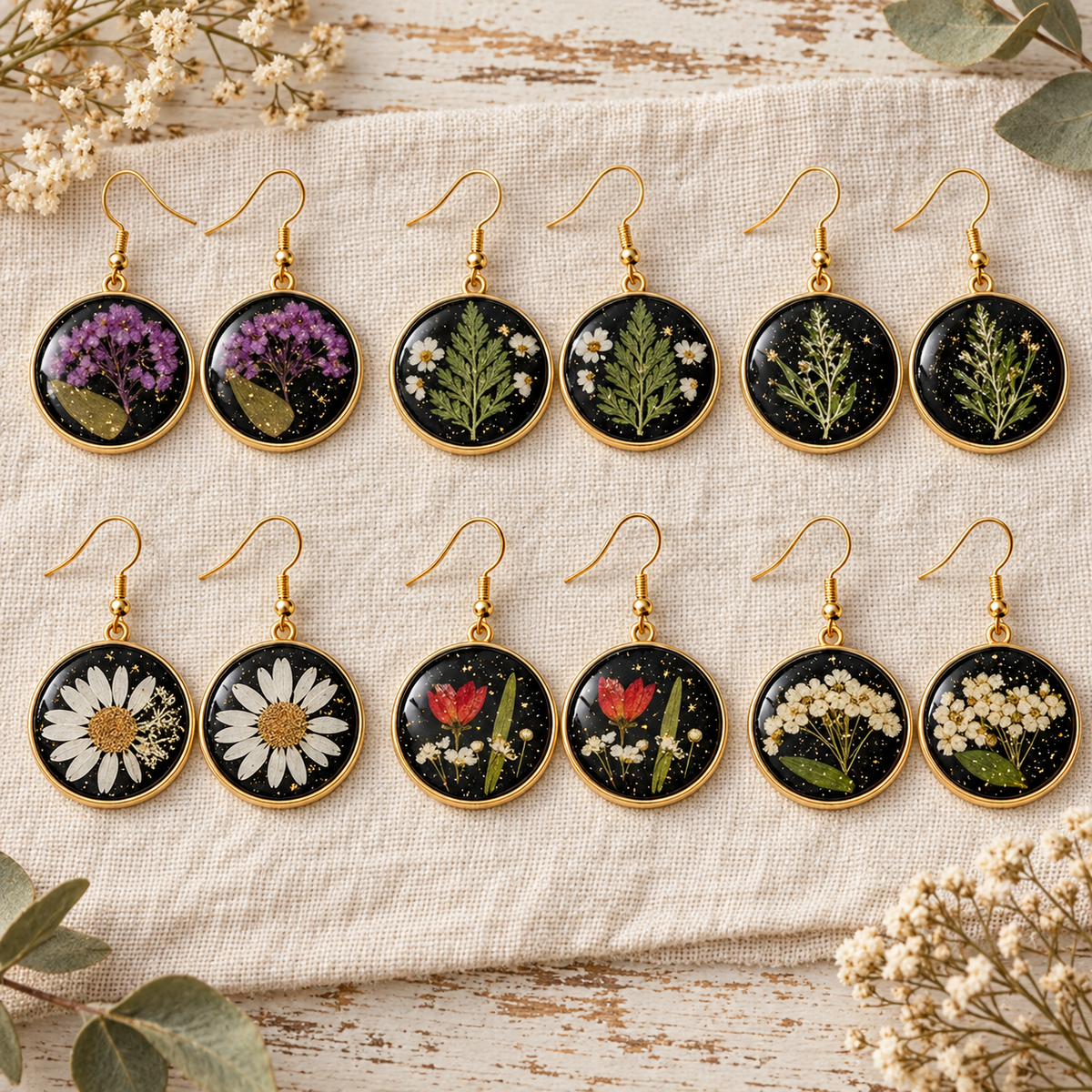 Black Round Preserved Dried Flower Drop Earrings, Botanical Earrings, Floral Jewelry, Gift for Her