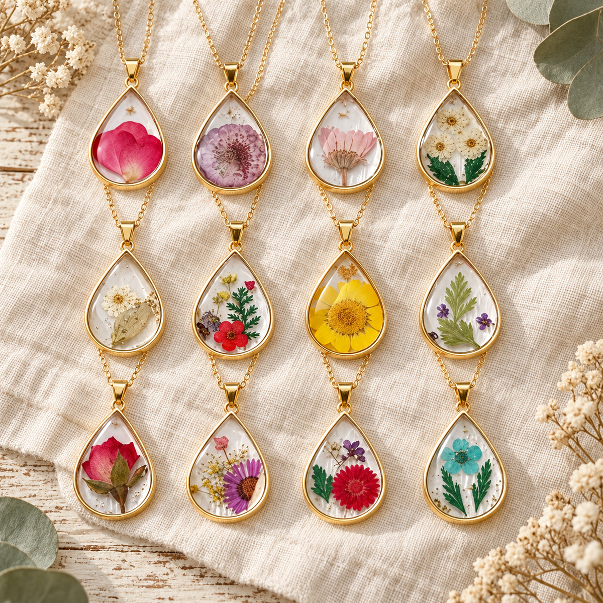 Teardrop Handmade Preserved Floral Specimen Pendant Necklace, Botanical Resin Jewelry, Gift for Her