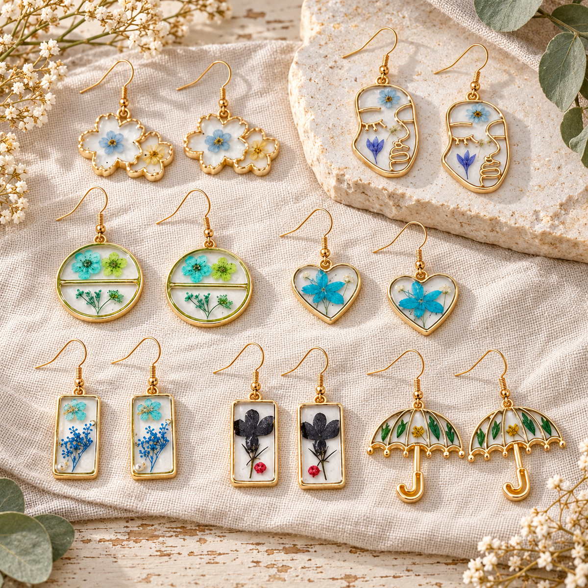 Mixed Dried Flower Dangle Earrings, Artisan Botanical Jewelry, Nature Inspired Floral Gift for Her
