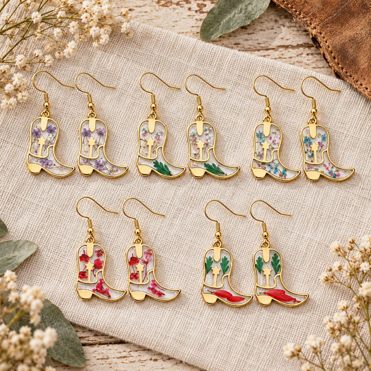 Dried Flower Cowboy Boot Dangle Earrings, Western Floral Earrings, Botanical Resin Jewelry, Cowgirl Gift for Her