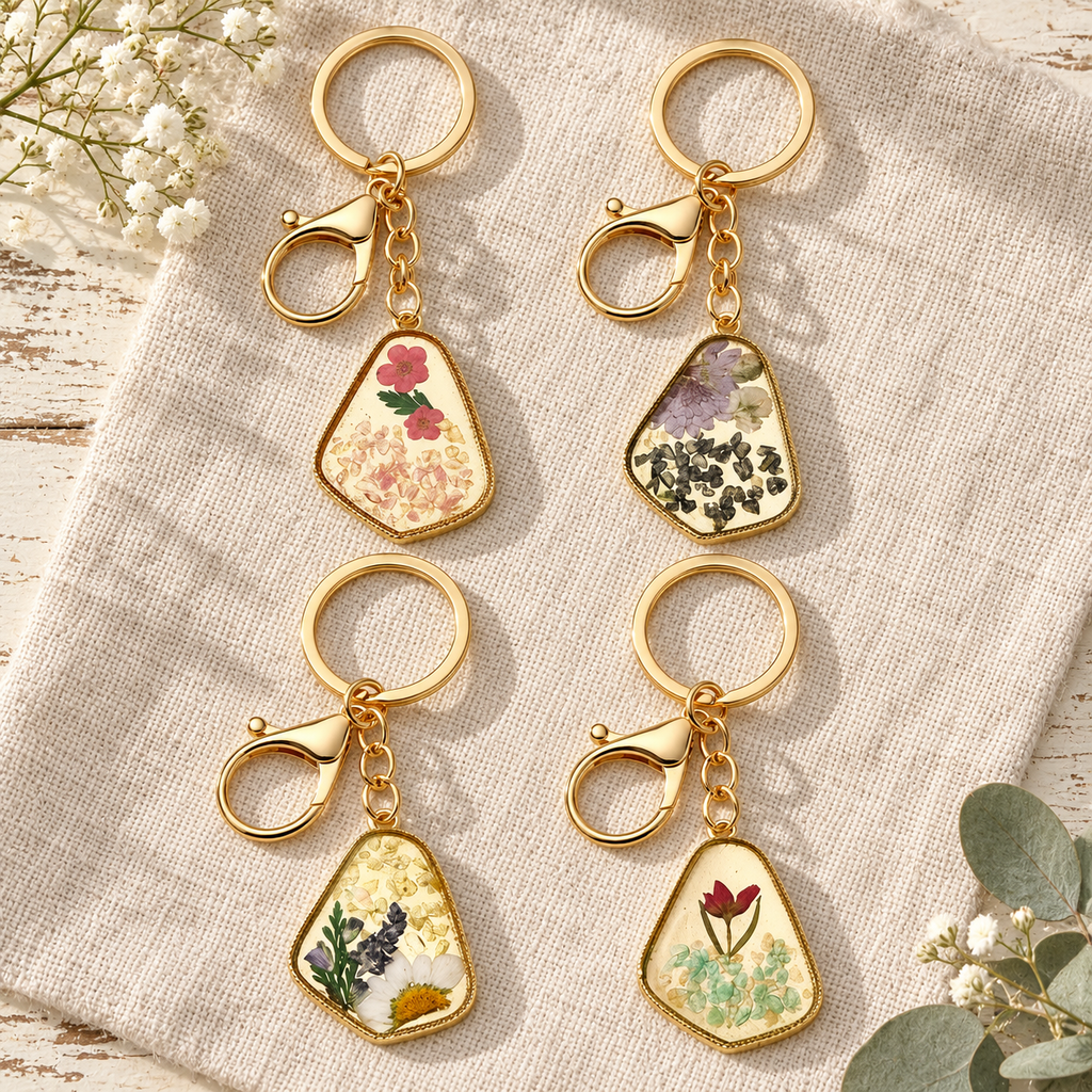Preserved Flower and Stone Keychain Charm, Geometric Botanical Resin Accessory, Nature Inspired Gift