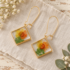 Square Dried Flower Earrings, Colorful Preserved Flower Drops, Botanical Resin Jewelry for Women