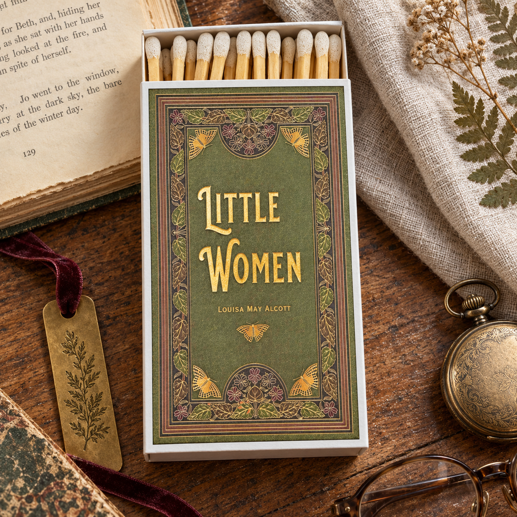 Large Little Women Matchbox – 4-Inch Long Candle Matches, Louisa May Alcott Literary Gift, Bookish Home Décor