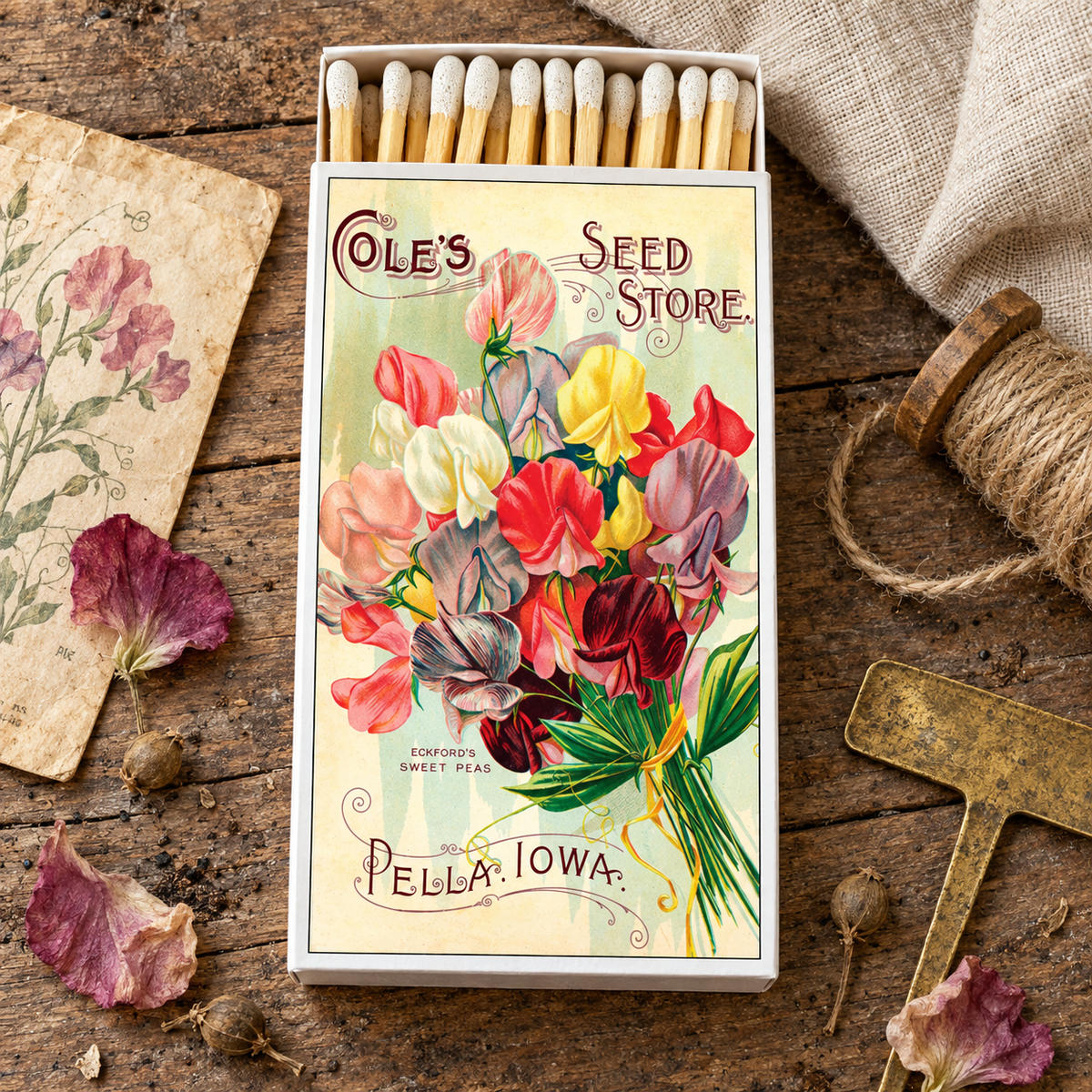 Large Sweet Pea Flower Matchbox – 4-Inch Long Candle Matches, Botanical Home Décor, Floral Gardener Gift