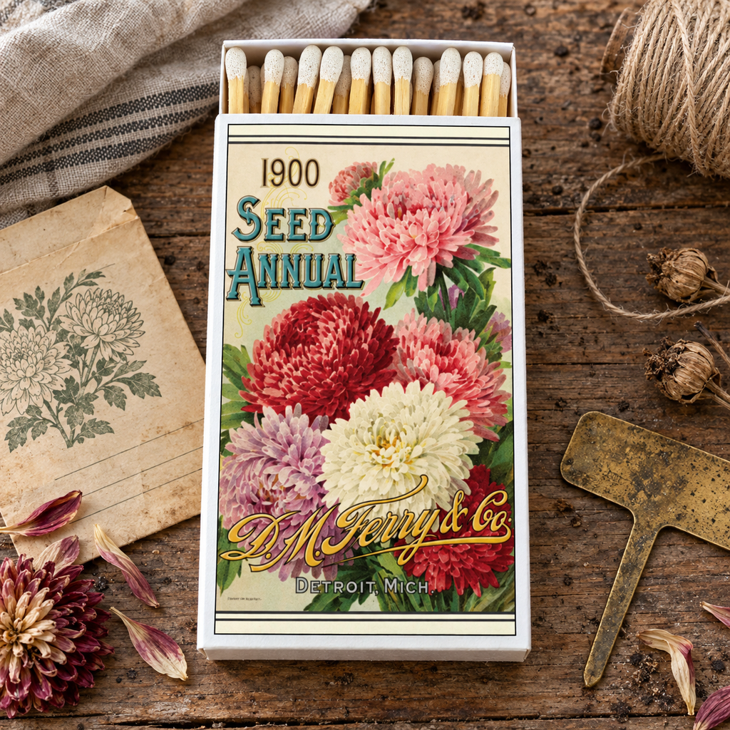 Large Vintage Flower Seed Packet Matchbox – 4-Inch Long Candle Matches, Botanical Garden Décor, Gardener Gift