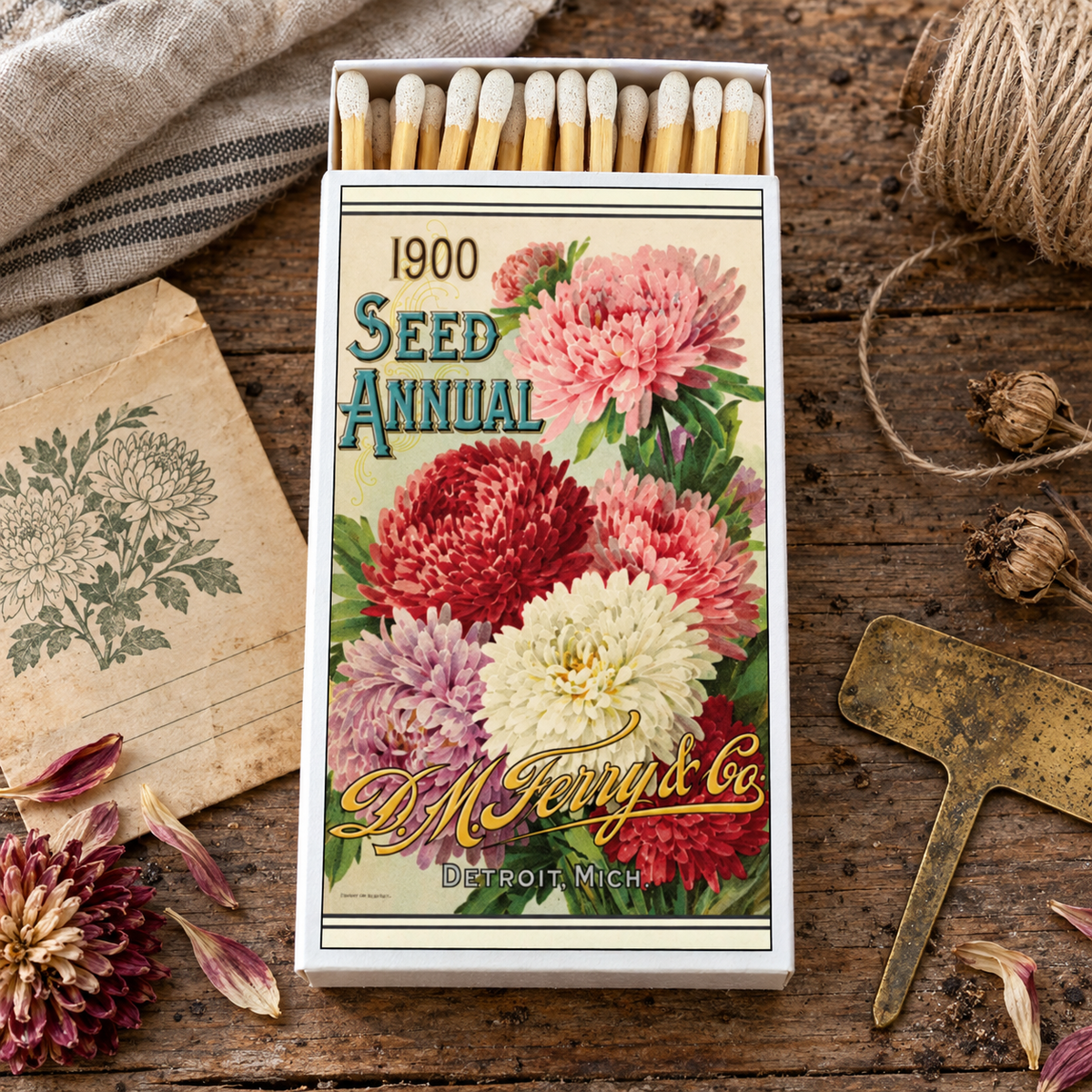 Large Vintage Flower Seed Packet Matchbox – 4-Inch Long Candle Matches, Botanical Garden Décor, Gardener Gift