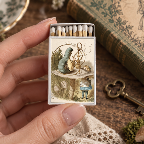 A hand holds a decorative matchbox filled with matches, featuring an illustrated scene from Alice in Wonderland. The background includes an antique book, a key, lace fabric, and small mushrooms on a wooden surface.
