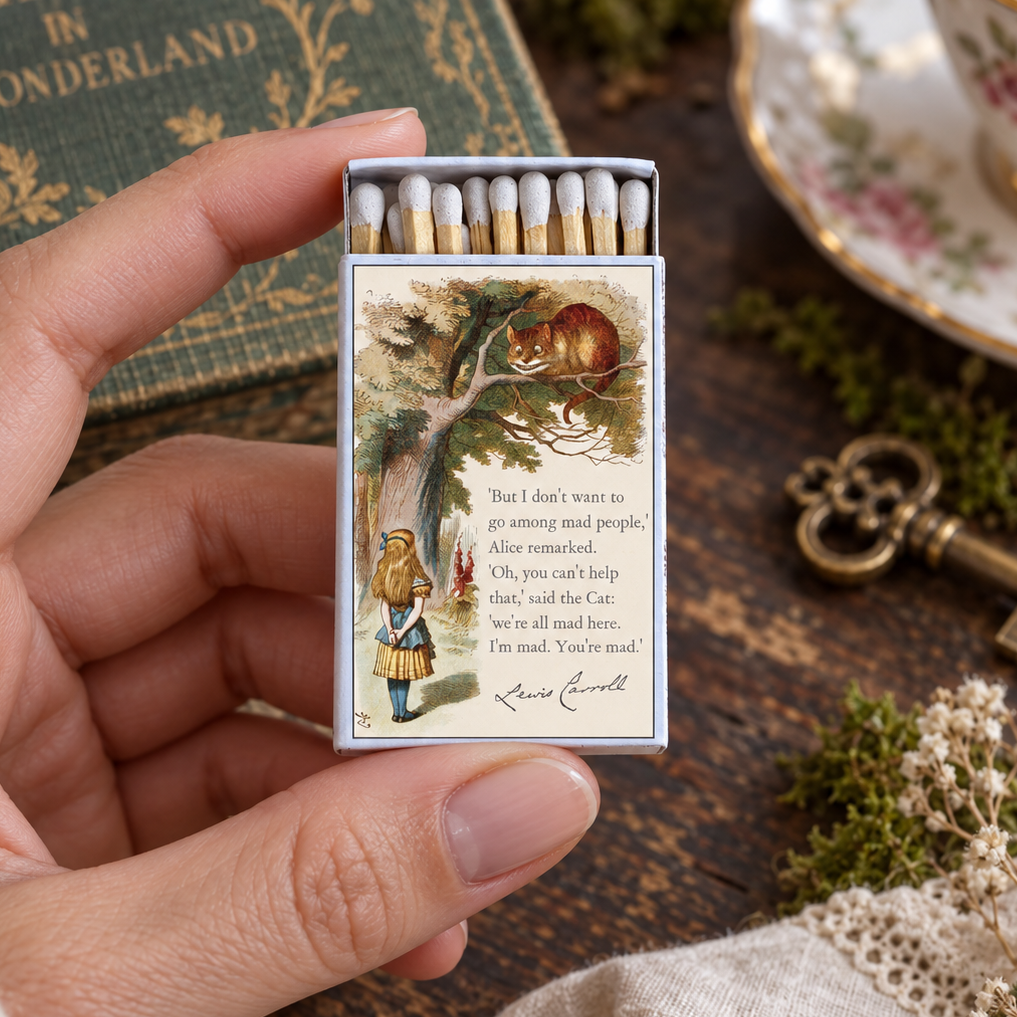 A hand holds a decorative matchbox featuring Alice in Wonderland artwork and the famous line, 'But I don't want to go among bad people.' A matching green Alice in Wonderland book, a teacup, and vintage-style props are arranged on a rustic wooden surface.