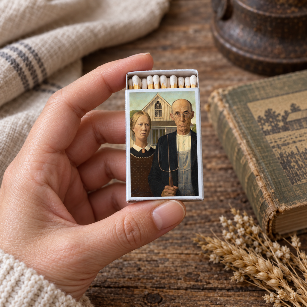 American Gothic Matchbook Cover, Grant Wood Painting Collectible, Vintage Art Decor, Home Decor for Candles