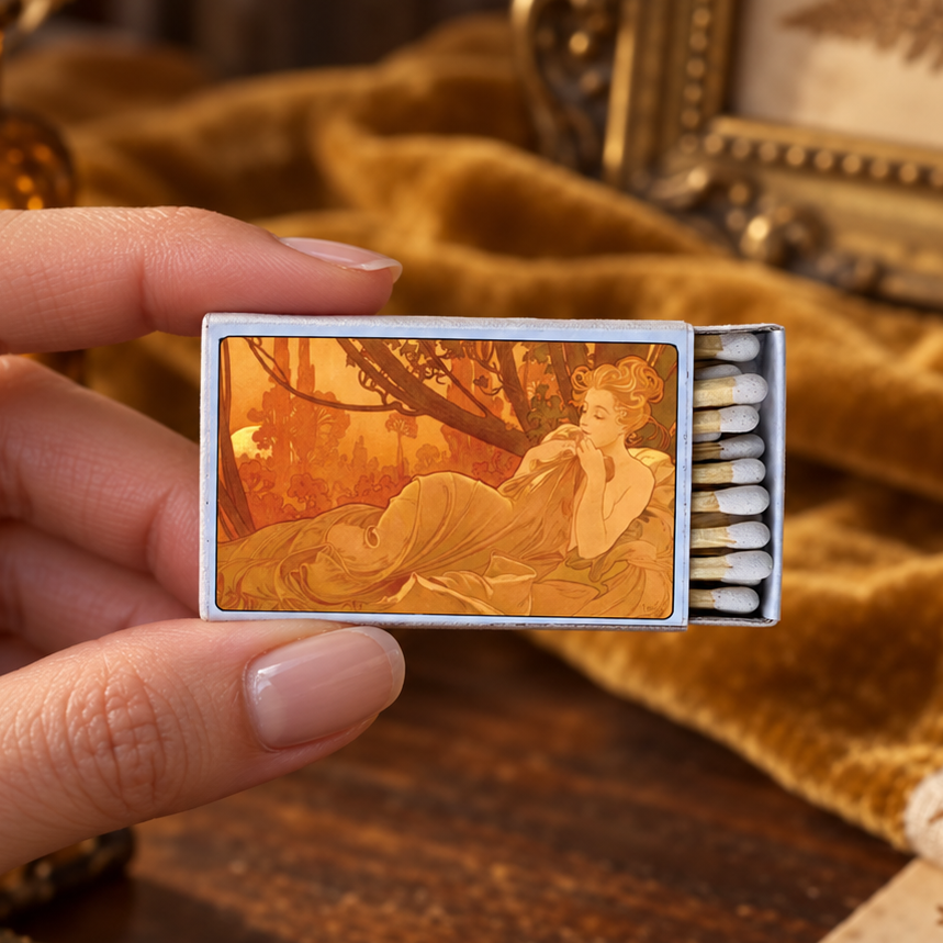 A hand holds a vintage-style matchbox with a warm-toned illustration of a reclining woman on the front, set against a styled background with velvet fabric, dried ferns, and antique decor.