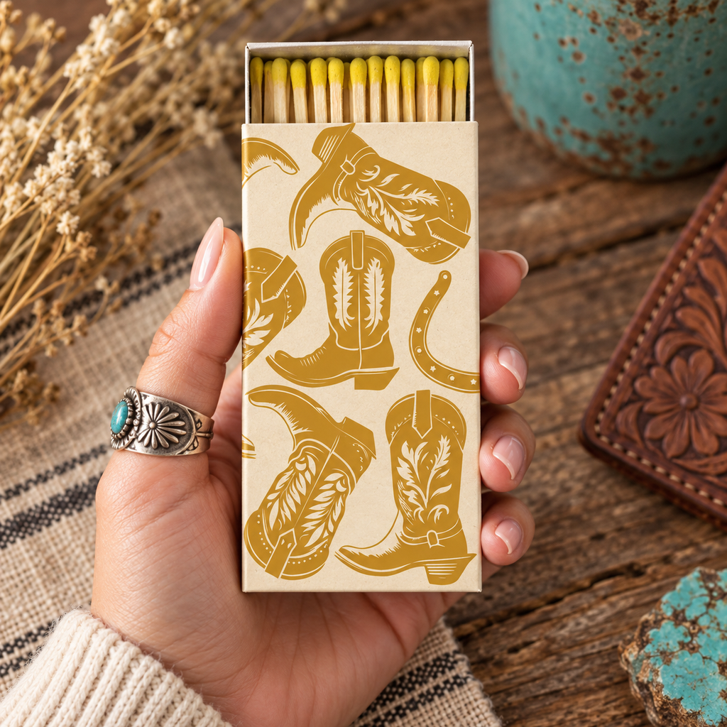 Kickin’ Boots Gold Foil Matchbox – Western Decorative Safety Matches