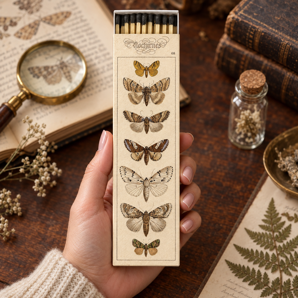 Moth Matchbox – Extra-Long Candle Matches, Cottagecore Insect Décor, Nature Lover Gift, 8.5 × 2.5 Inches