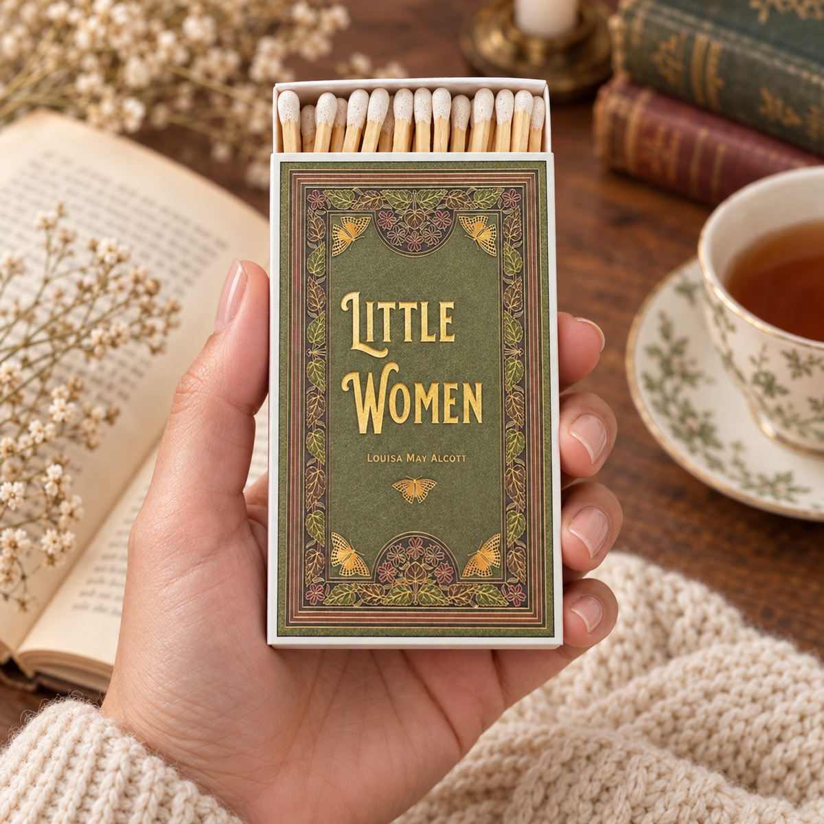 Large Little Women Matchbox – 4-Inch Long Candle Matches, Louisa May Alcott Literary Gift, Bookish Home Décor