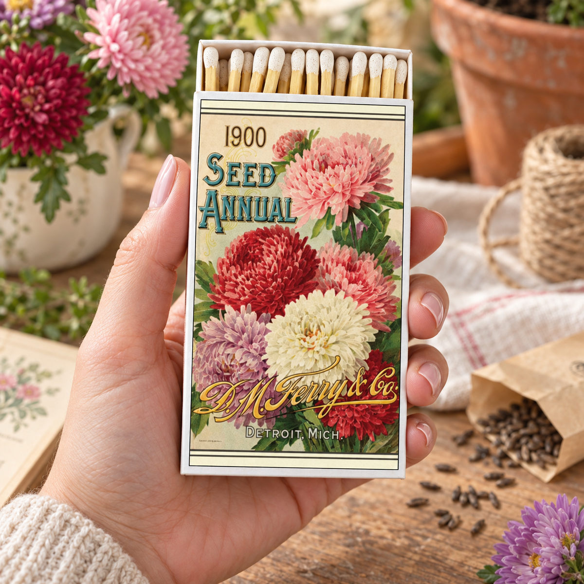 Large Vintage Flower Seed Packet Matchbox – 4-Inch Long Candle Matches, Botanical Garden Décor, Gardener Gift