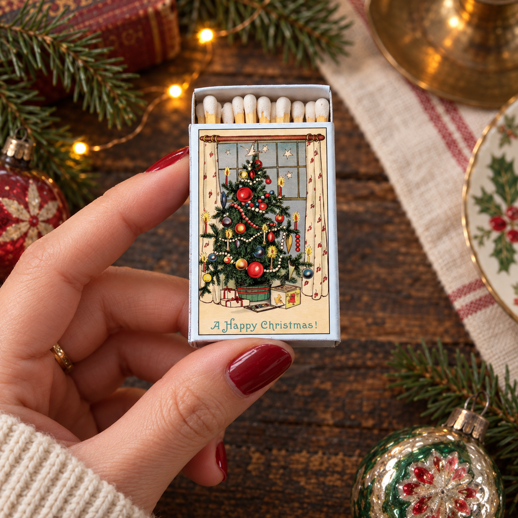 Vintage Christmas Tree Matchbox – Holiday Matches, Festive Candle Accessory, Stocking Stuffer