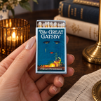 A hand holds a matchbox styled like a book cover for F. Scott Fitzgerald's 'The Great Gatsby'.