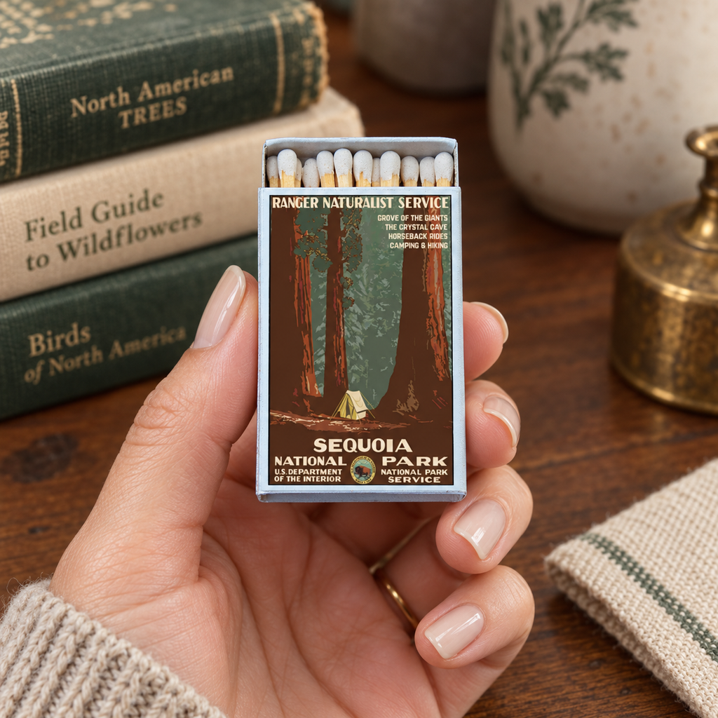 A hand with manicured nails holds a vintage-style matchbox featuring Sequoia National Park artwork. The matchbox has a forest illustration and reads 'Ranger Naturalist Service' and 'Sequoia National Park.