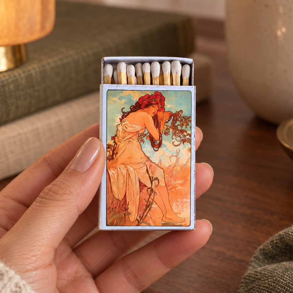 A hand holds a decorative matchbox featuring Alphonse Mucha's 'The Kiss' artwork. The matchbox is shown in a cozy, styled setting with a wooden table, a lit lamp, and books in the background.