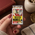 A hand with dark red nail polish holds a vintage-style matchbox labeled 'Reefer Madness' against a warm, rustic background with a wooden table, a red book, and a ceramic vase.
