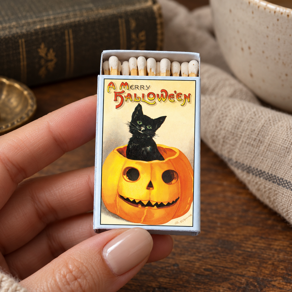 Vintage Halloween Black Cat Matchbook, Pumpkin Design, Spooky Decor Accessory