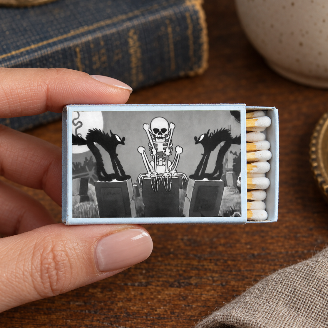 Skeleton Dance Cats Matchbox – Vintage Cartoon Matches, Spooky Cat Halloween Décor
