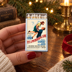 A hand with red nail polish holds a miniature matchbox styled like a vintage movie poster for 'It's A Wonderful Life' by George Cohan. The scene is set on a wooden table with warm holiday lights, pine branches, a brass candle holder, and a red ribbon in the background.