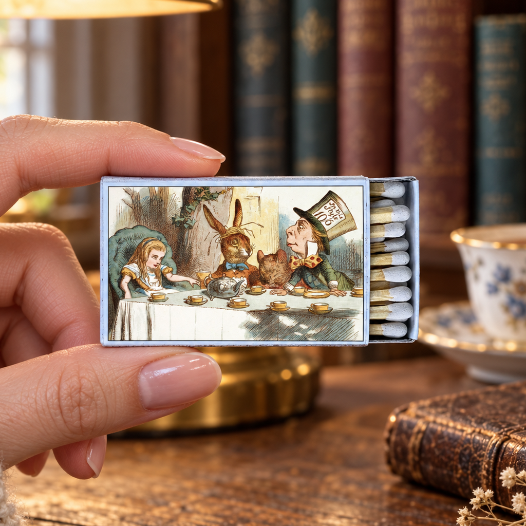 A hand holds a matchbox featuring an illustrated scene from Alice in Wonderland, with bookshelves, a lamp, a teacup, and a leather-bound book in the background.