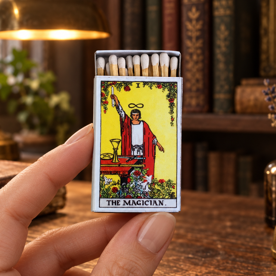 A hand holds a matchbox featuring The Magician tarot card design, set against a warm, vintage-styled background with a brass lamp, books, and a wooden desk.