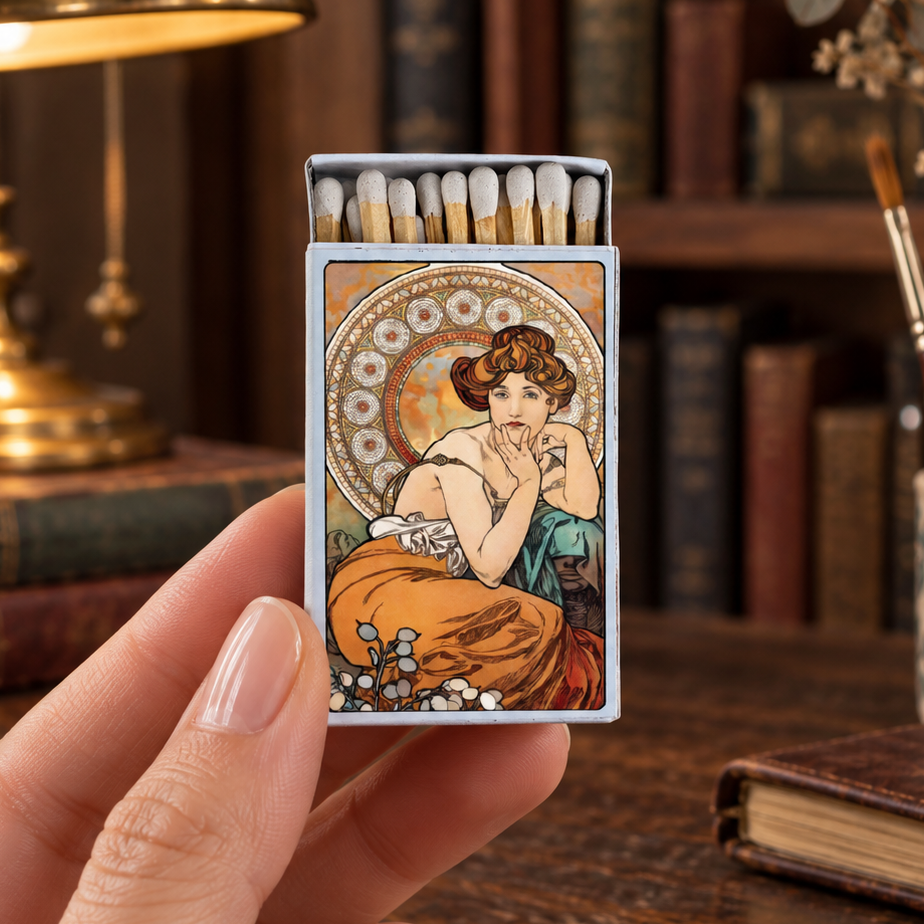 A hand holds a decorative matchbox featuring an Art Nouveau illustration of a woman in an orange dress against a gold and cream circular background. The scene is set on a rustic wooden desk with a brass lamp, books, and stationery in the background.