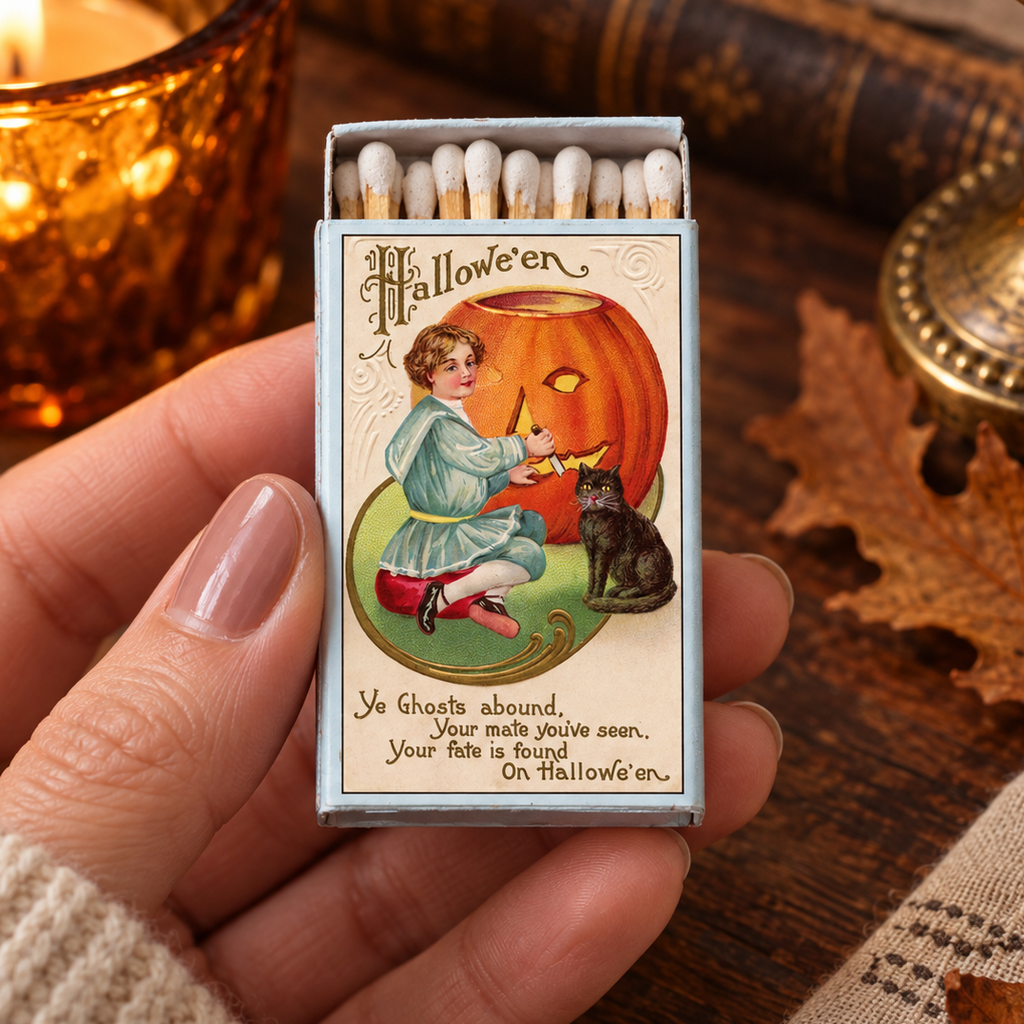 A hand holds a vintage-style Halloween matchbox with illustrated match heads visible at the top. The box features an illustration of a child carving a jack-o'-lantern with a black cat beside it and the text 'Halloween' and a spooky phrase.