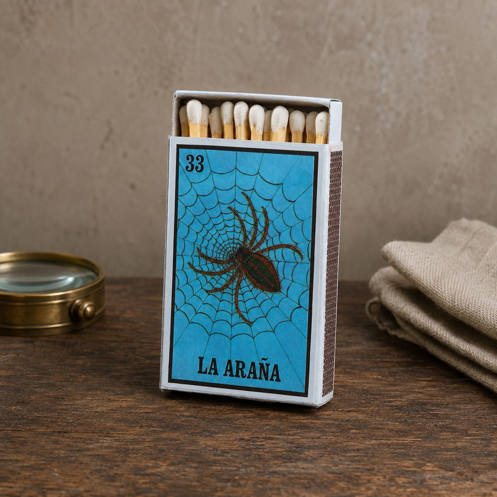 La Araña Lotería Matchbox – Mexican Bingo Matches, Spider Design, Colorful Candle Accessory