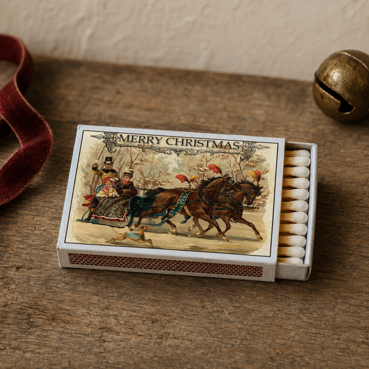 Christmas Sleigh Ride Matchbox – Vintage Holiday Matches, Rustic Winter Candle Accessory