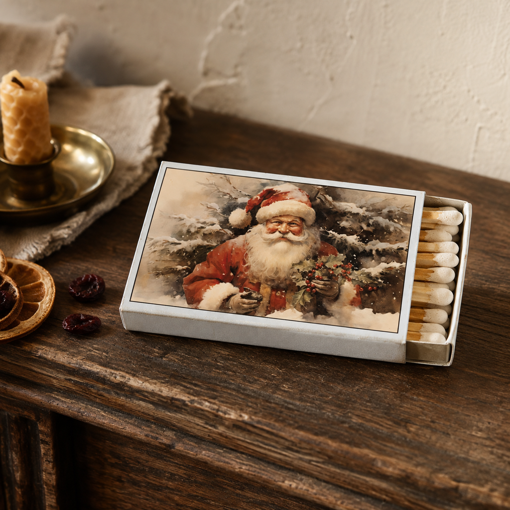 Vintage Santa Matchbox – Retro Christmas Matches, Holiday Candle Accessory, Stocking Stuffer